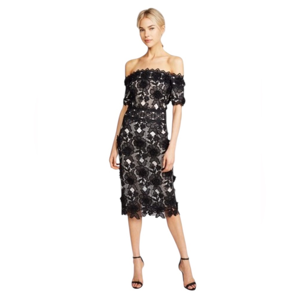 COSTARELLOS Black White Lace Off-Shoulder Midi Dress